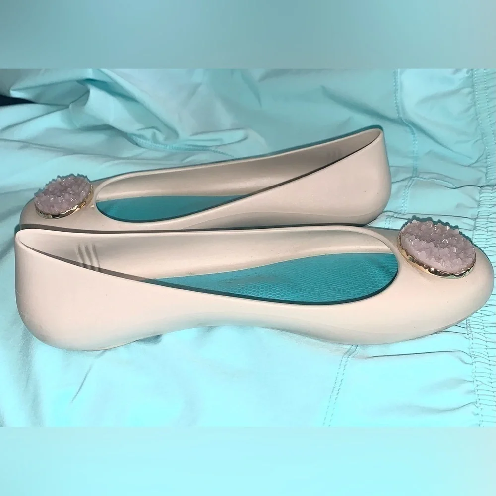 OKA B Tan Crystal Jelly Flats Size 9